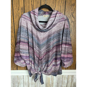 Women's One World Cowl Neck Sweater L Purple Gray Striped